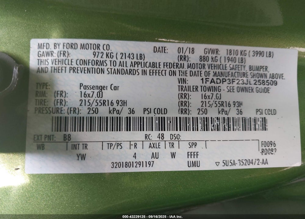 2018 FORD FOCUS VIN: 1FADP3F23JL258509