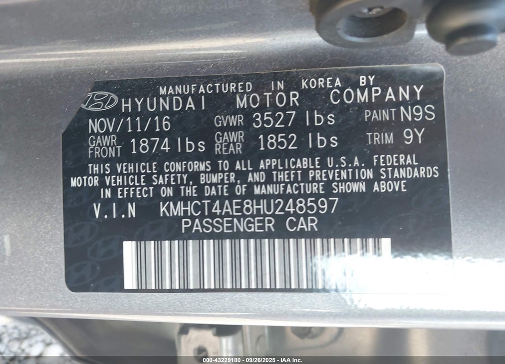 2017 HYUNDAI ACCENT SE VIN: KMHCT4AE8HU248597