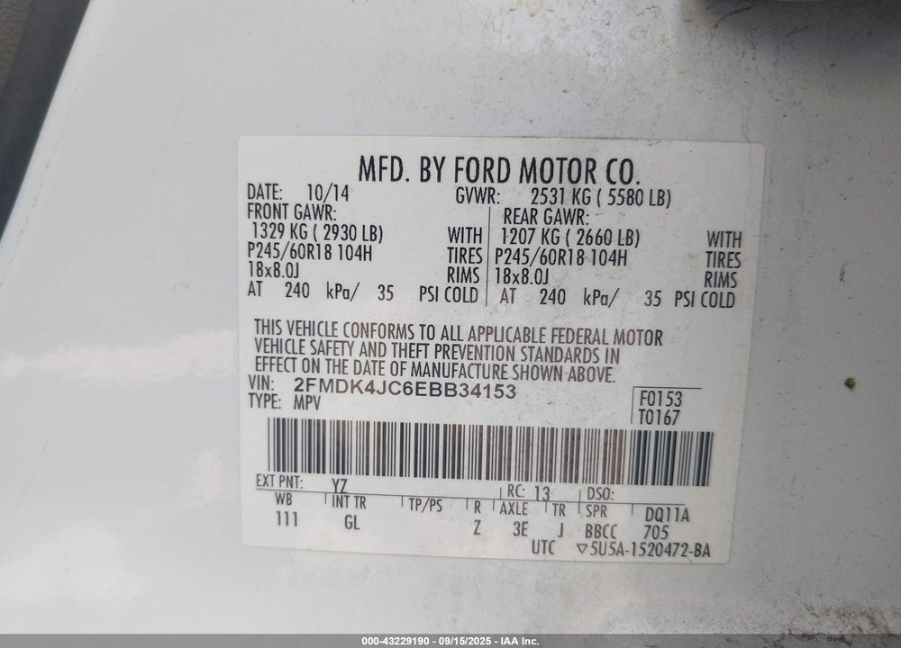 2014 FORD EDGE SEL VIN: 2FMDK4JC6EBB34153