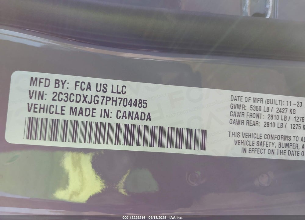 2023 DODGE CHARGER VIN: 2C3CDXJG7PH704485