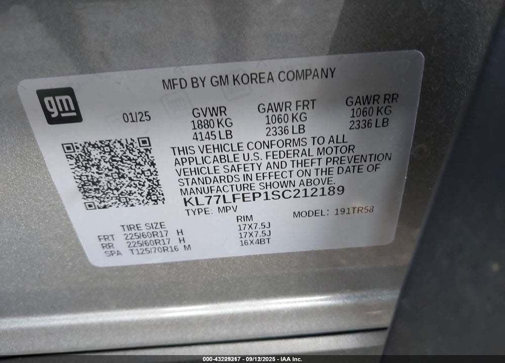 2025 CHEVROLET TRAX VIN: KL77LFEP1SC212189