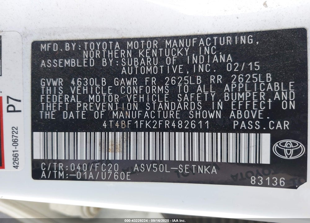 2015 TOYOTA CAMRY VIN: 4T4BF1FK2FR482611