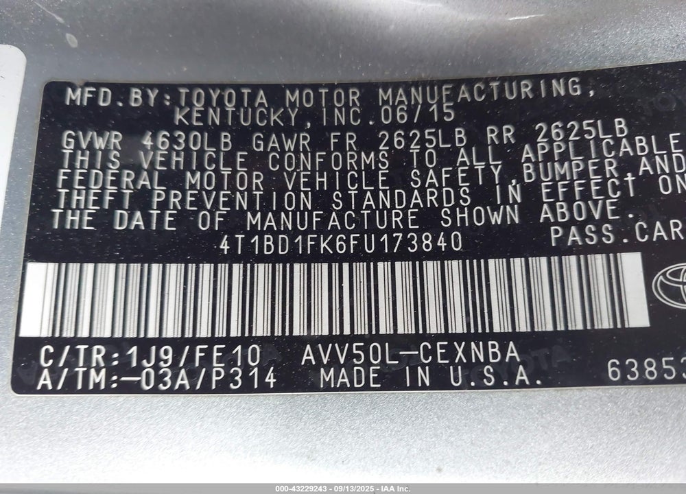 2015 TOYOTA CAMRY HYBRID VIN: 4T1BD1FK6FU173840