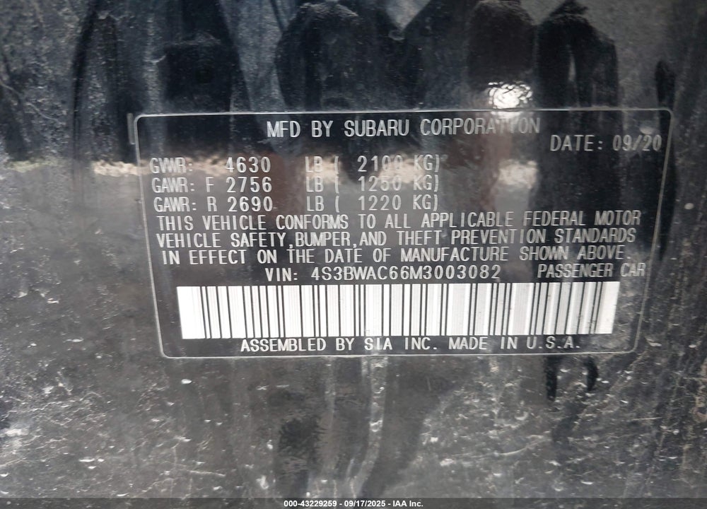 2021 SUBARU LEGACY VIN: 4S3BWAC66M3003082