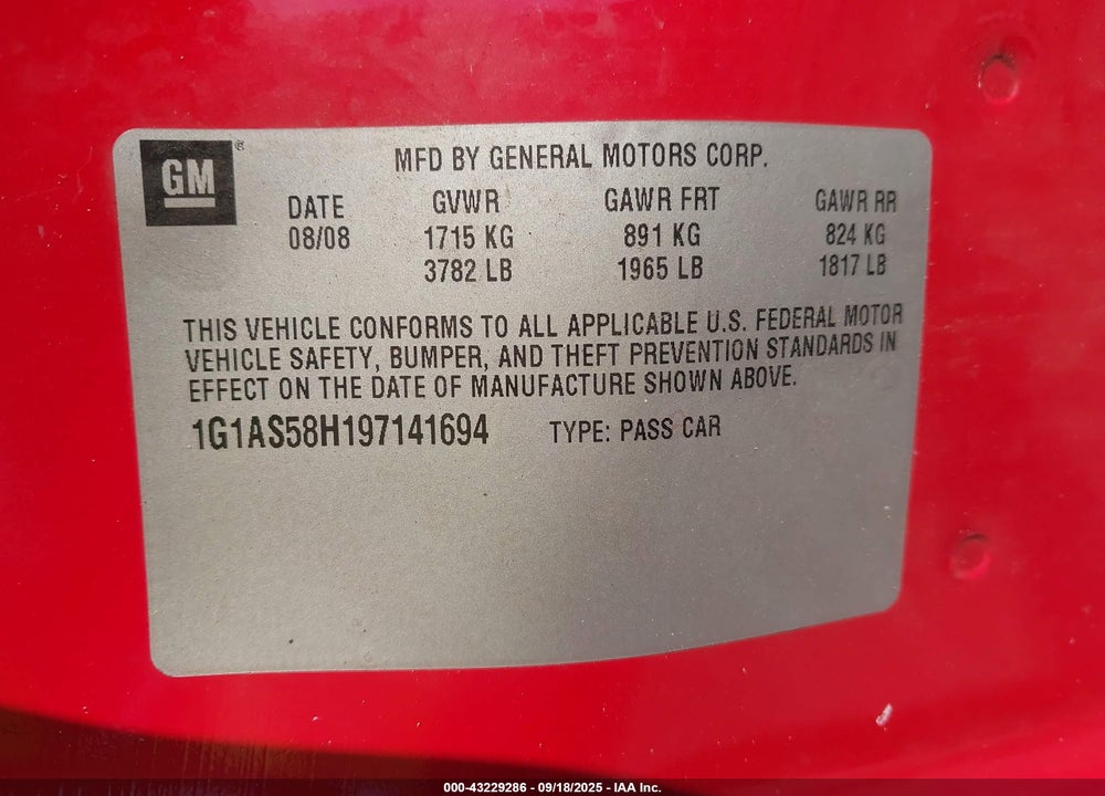 2009 CHEVROLET COBALT VIN: 1G1AS58H197141694