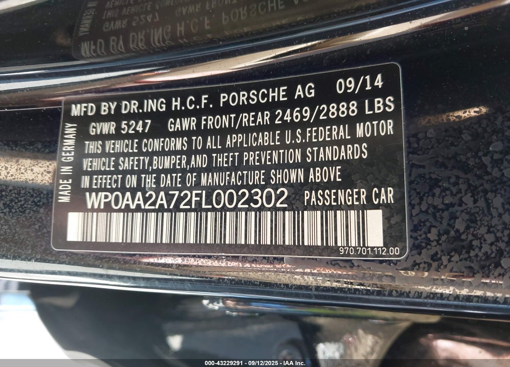 2015 PORSCHE PANAMERA VIN: WP0AA2A72FL002302