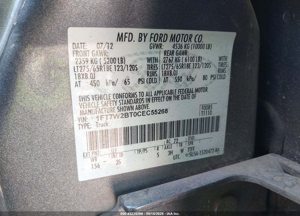 2012 FORD F-250 VIN: 1FT7W2BT0CEC55268