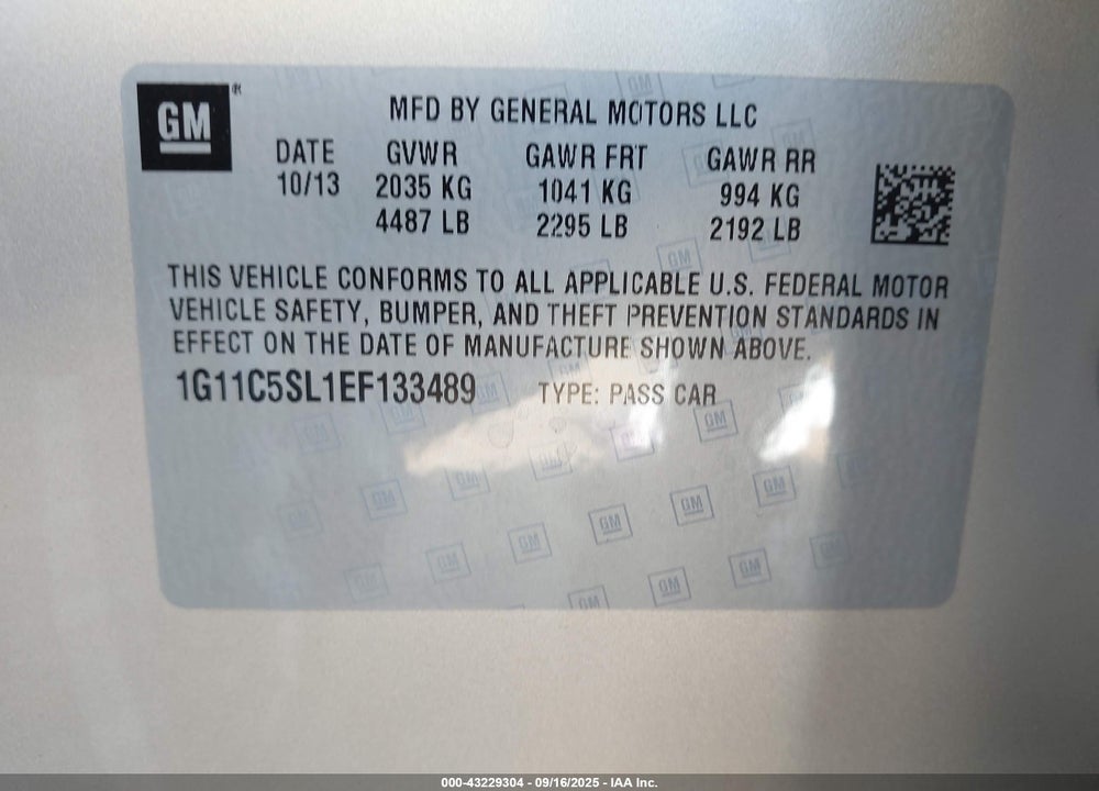 2014 CHEVROLET MALIBU VIN: 1G11C5SL1EF133489
