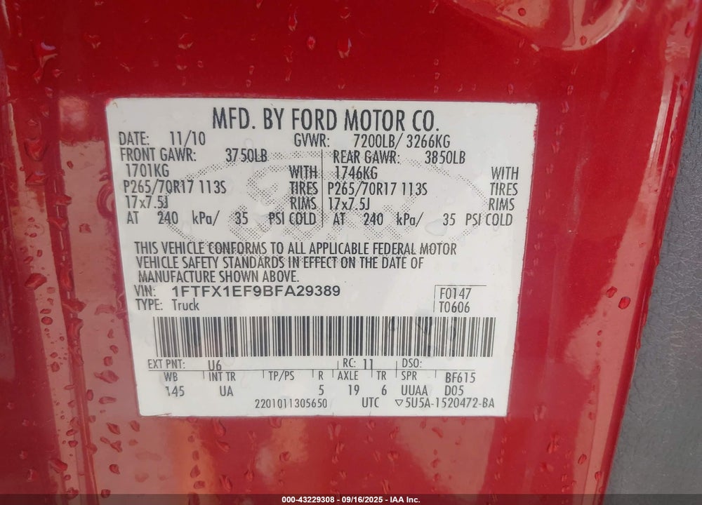 2011 FORD F-150 XLT VIN: 1FTFX1EF9BFA29389