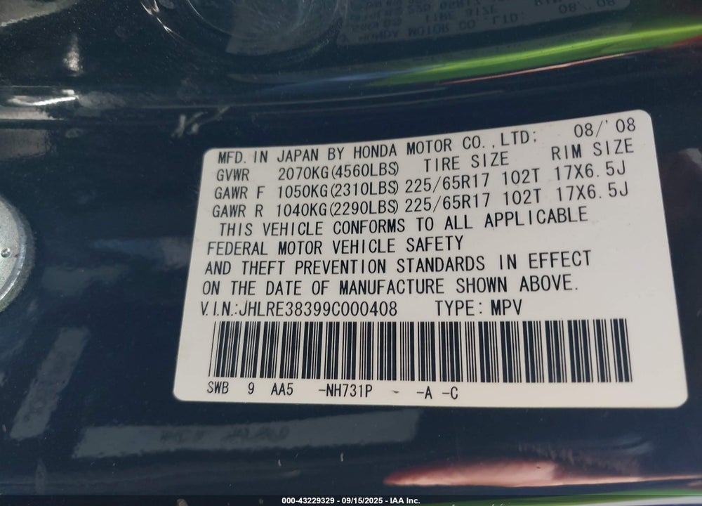 2009 HONDA CR-V LX VIN: JHLRE38399C000408
