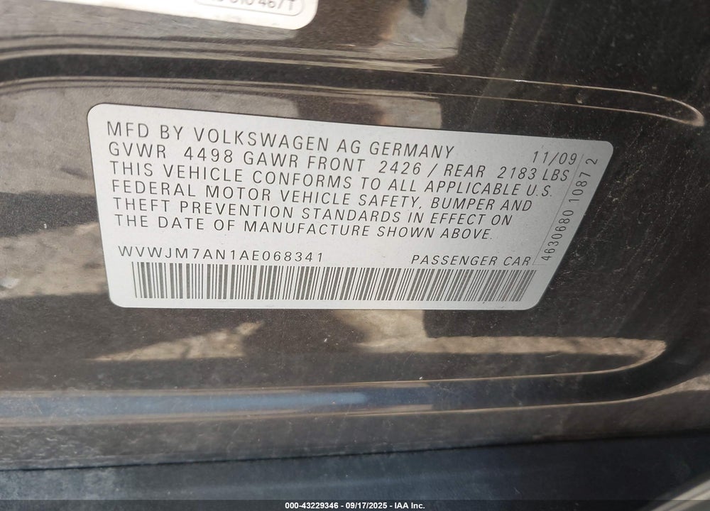 2010 VOLKSWAGEN PASSAT VIN: WVWJM7AN1AE068341