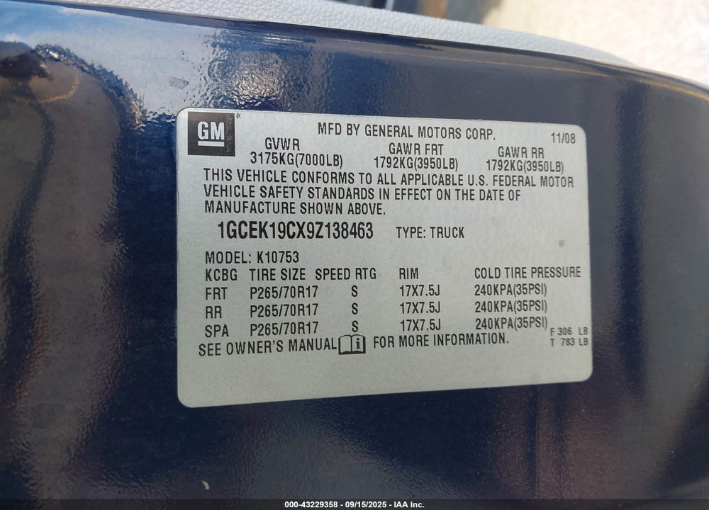 2009 CHEVROLET SILVERADO 1500 VIN: 1GCEK19CX9Z138463