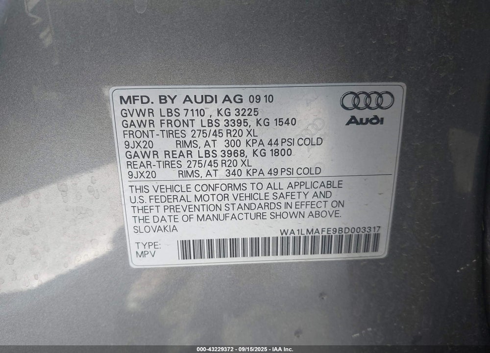 2011 AUDI Q7 3.0L TDI PREMIUM PLUS VIN: WA1LMAFE9BD003317
