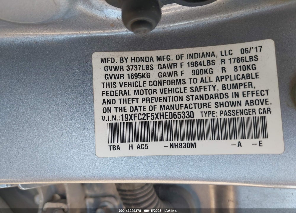 2017 HONDA CIVIC LX VIN: 19XFC2F5XHE065330