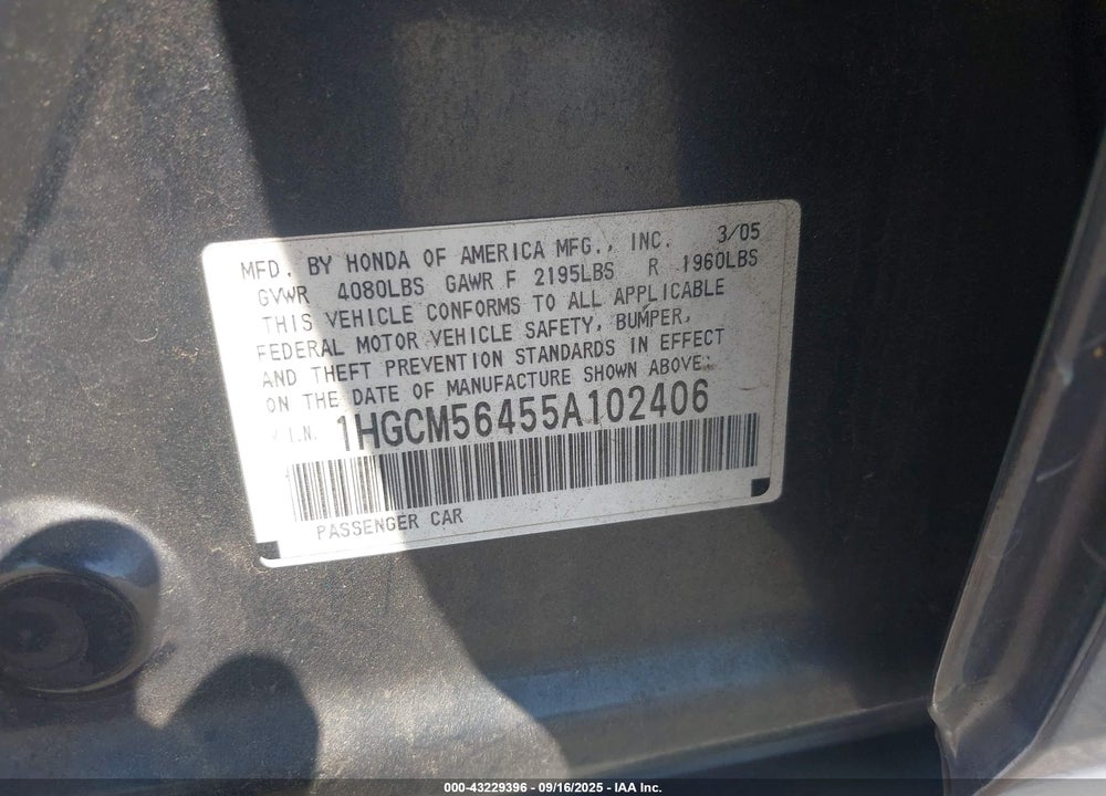 2005 HONDA ACCORD 2.4 LX VIN: 1HGCM56455A102406