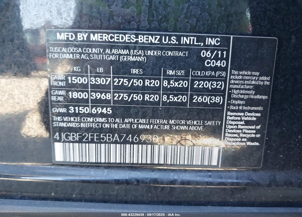 2011 MERCEDES-BENZ GL-CLASS VIN: 4JGBF2FE5BA746930