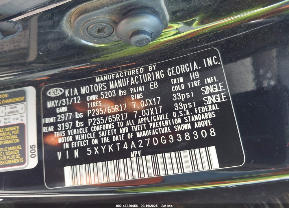 2013 KIA SORENTO VIN: 5XYKT4A27DG338308