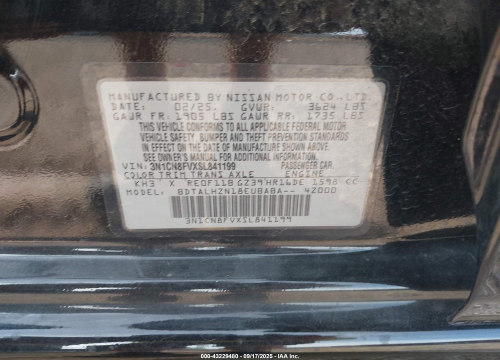 2025 NISSAN VERSA VIN: 3N1CN8FVXSL841199