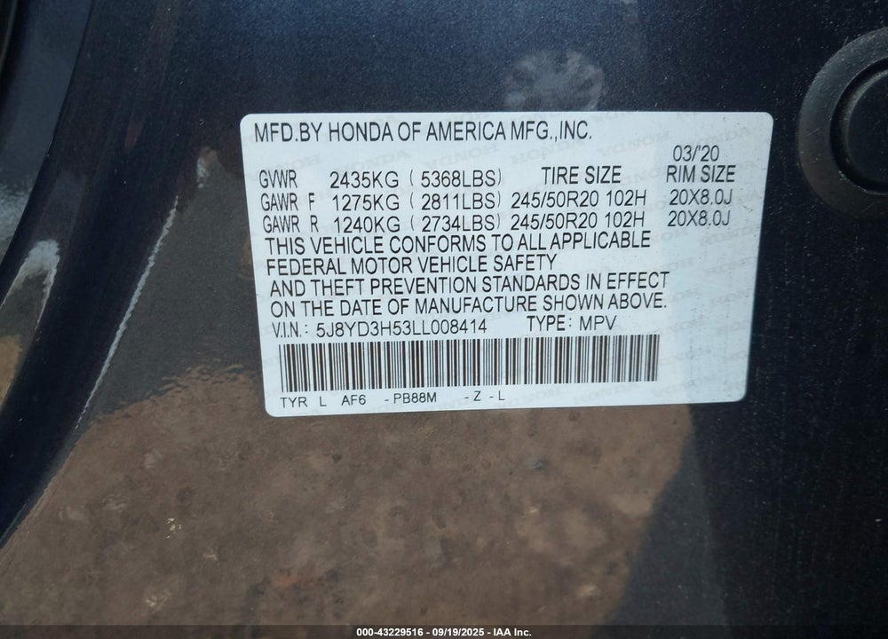 2020 ACURA MDX VIN: 5J8YD3H53LL008414