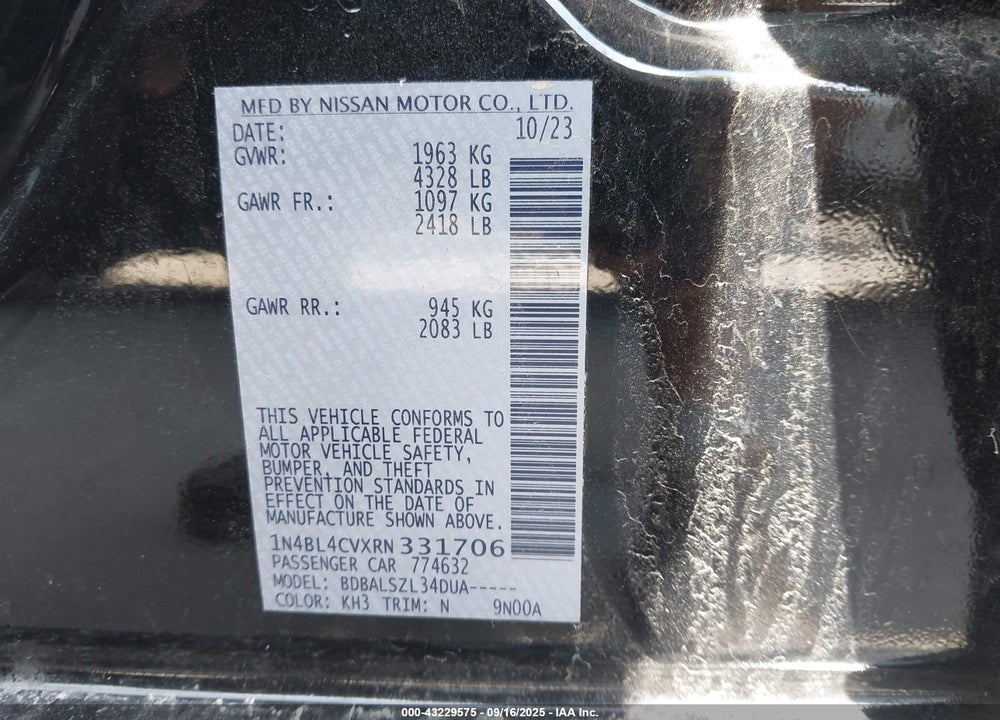 2024 NISSAN ALTIMA SR FWD VIN: 1N4BL4CVXRN331706