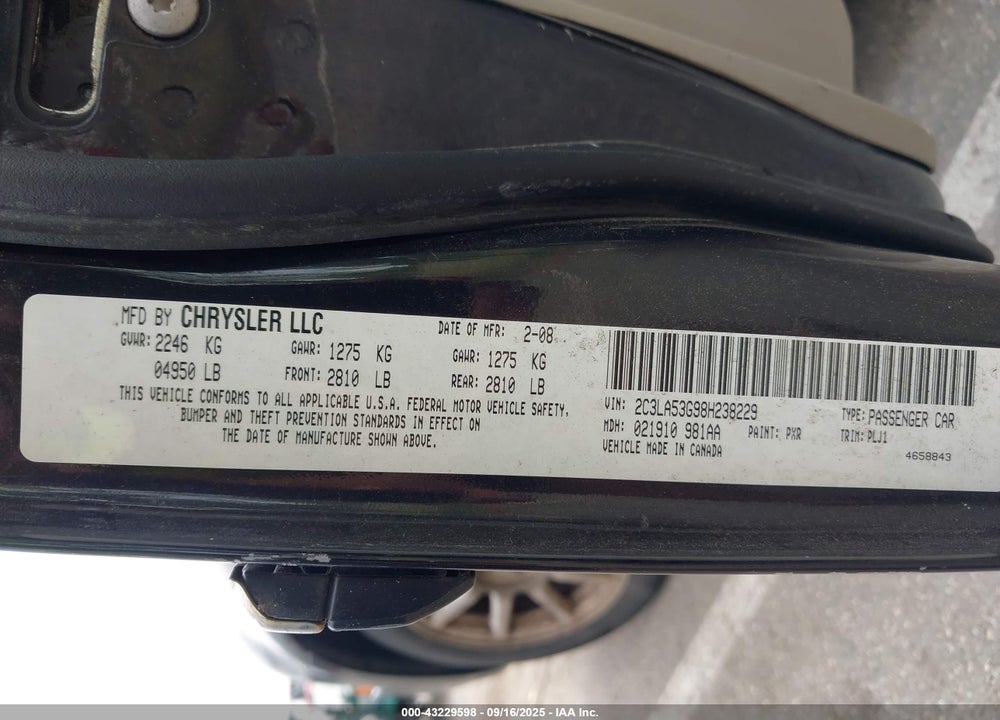 2008 CHRYSLER 300 VIN: 2C3LA53G98H238229