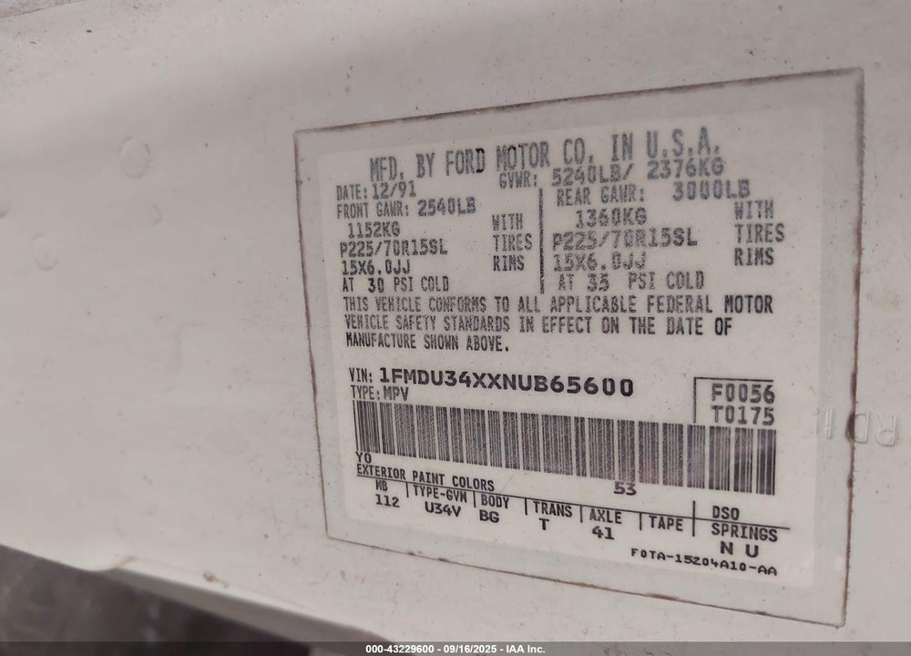 1992 FORD EXPLORER VIN: 1FMDU34XXNUB65600