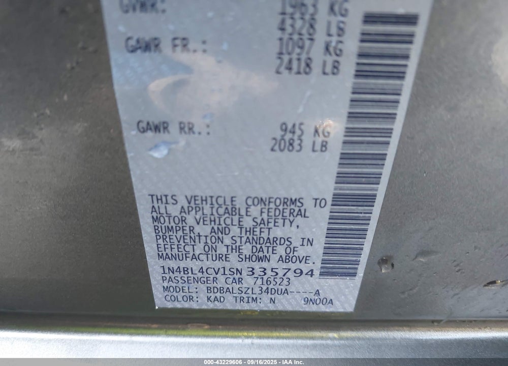 2025 NISSAN ALTIMA VIN: 1N4BL4CV1SN335794