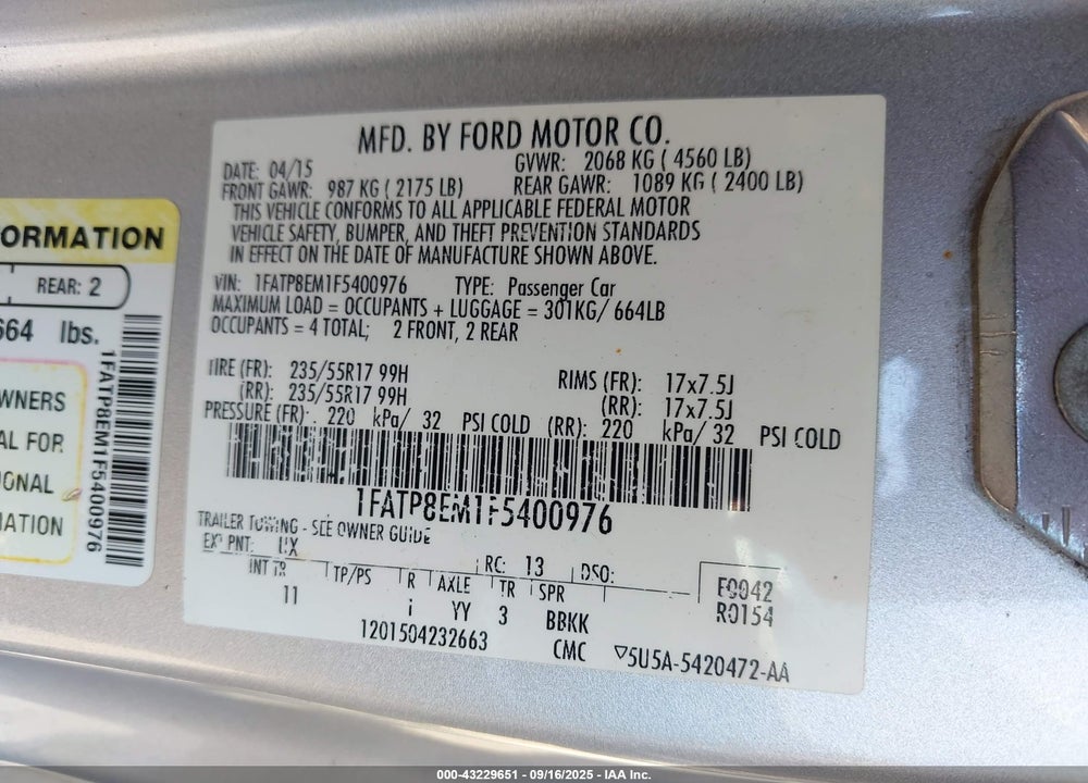 2015 FORD MUSTANG VIN: 1FATP8EM1F5400976