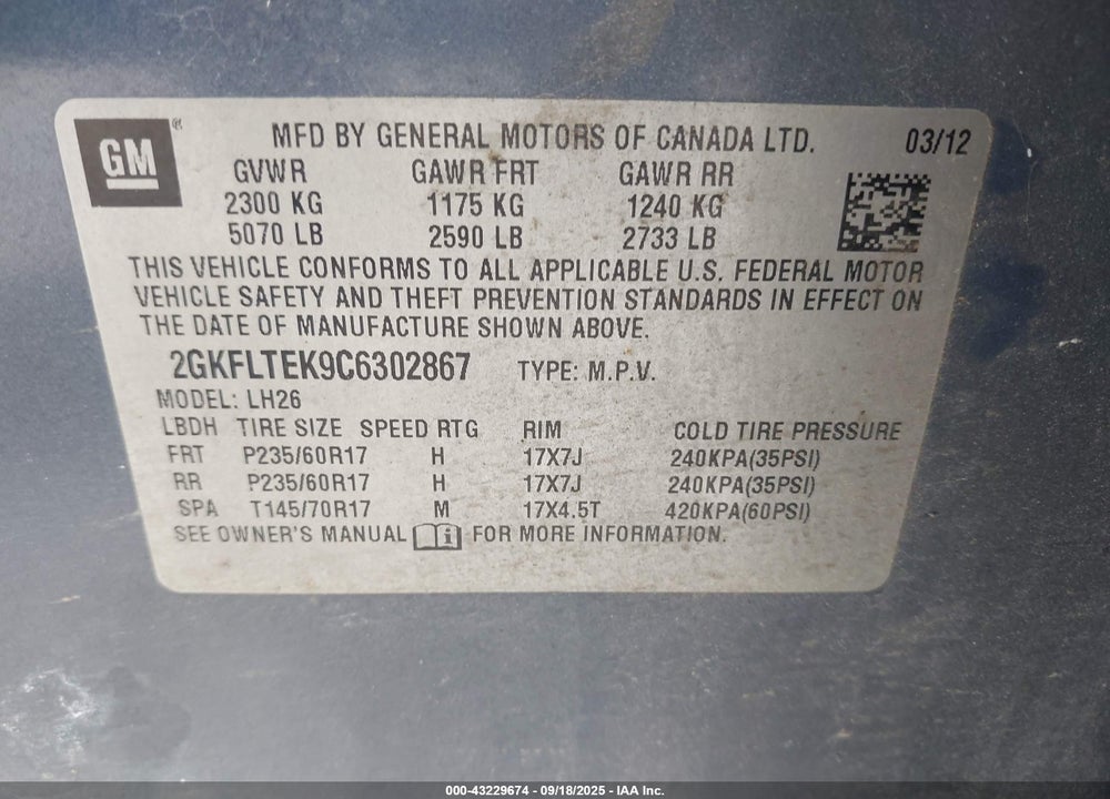 2012 GMC TERRAIN VIN: 2GKFLTEK9C6302867