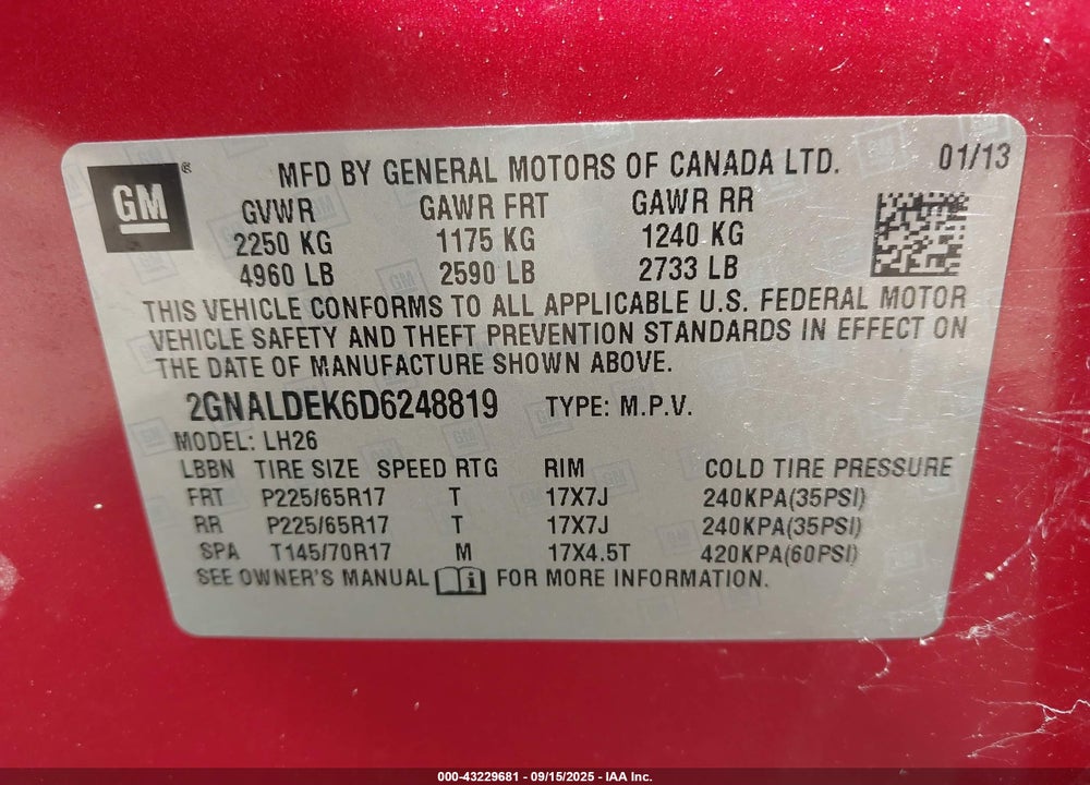 2013 CHEVROLET EQUINOX VIN: 2GNALDEK6D6248819