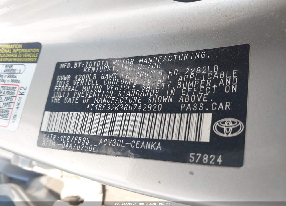 2006 TOYOTA CAMRY LE VIN: 4T1BE32K36U742920