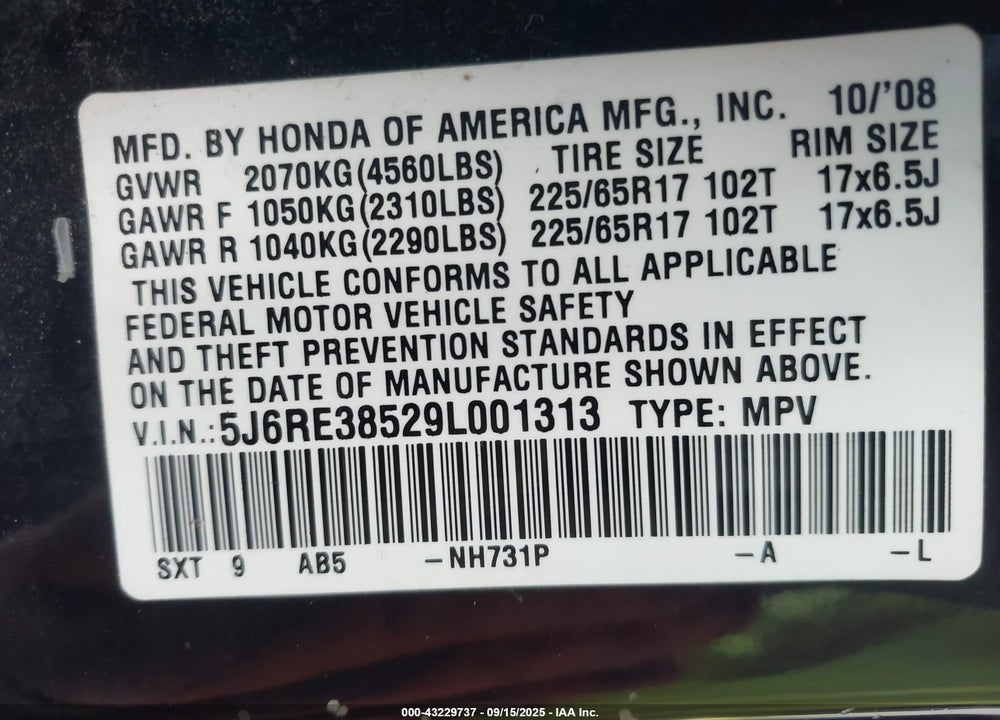 2009 HONDA CR-V VIN: 5J6RE38529L001313