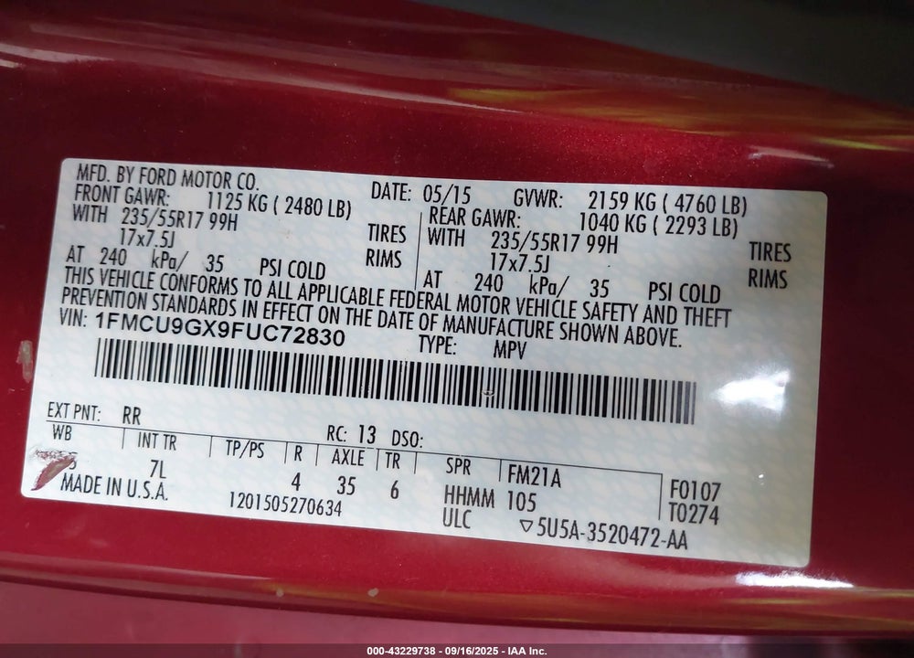 2015 FORD ESCAPE VIN: 1FMCU9GX9FUC72830