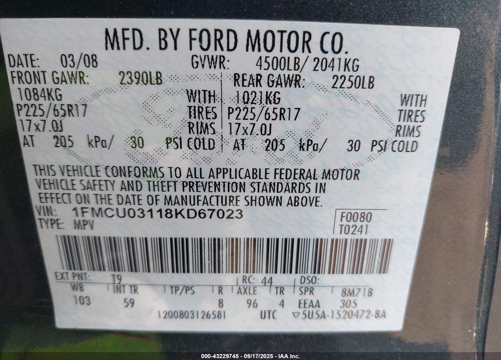 2008 FORD ESCAPE XLT VIN: 1FMCU03118KD67023