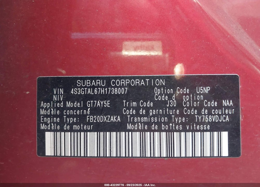 2017 SUBARU IMPREZA VIN: 4S3GTAL67H1738007