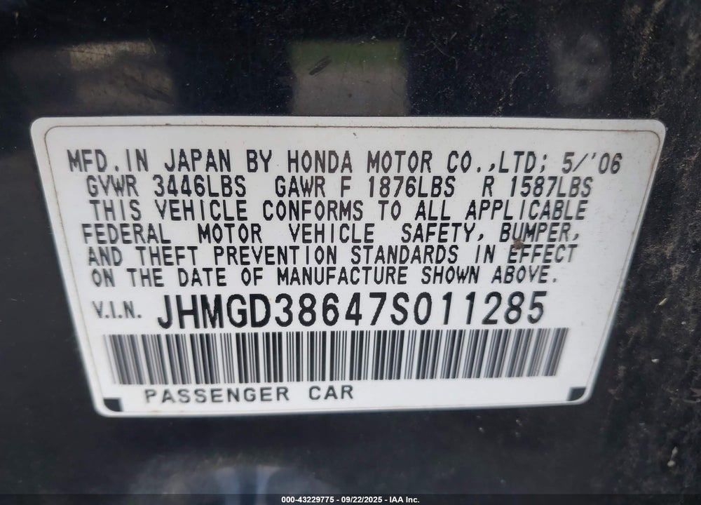 2007 HONDA FIT SPORT VIN: JHMGD38647S011285