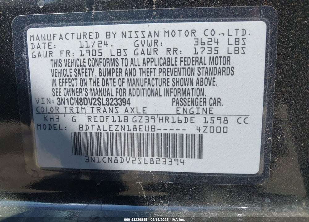 2025 NISSAN VERSA VIN: 3N1CN8DV2SL823394