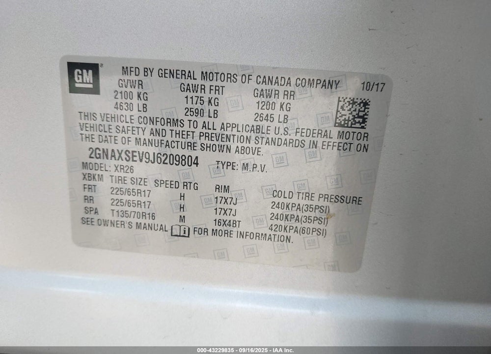 2018 CHEVROLET EQUINOX LT VIN: 2GNAXSEV9J6209804