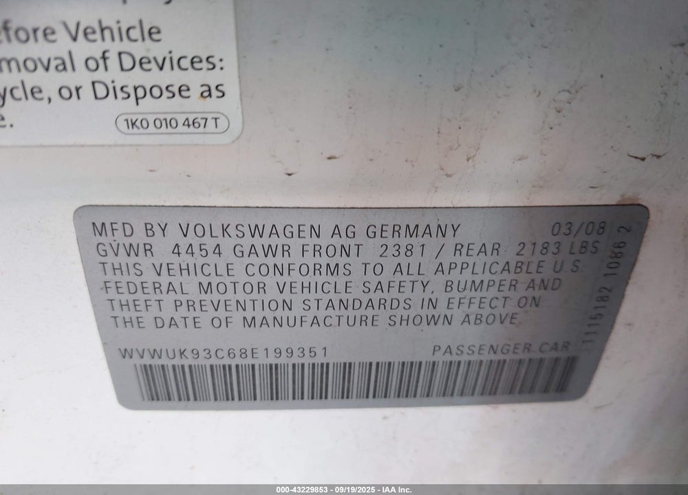 2008 VOLKSWAGEN PASSAT TURBO VIN: WVWUK93C68E199351