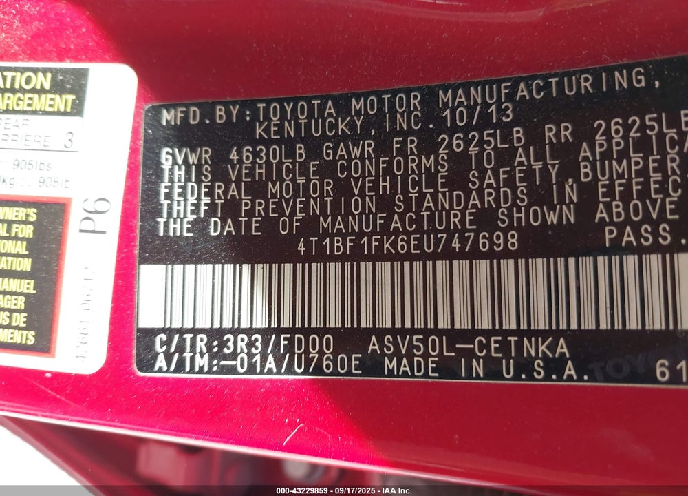 2014 TOYOTA CAMRY VIN: 4T1BF1FK6EU747698