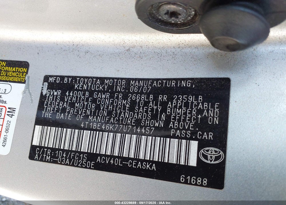 2007 TOYOTA CAMRY SE VIN: 4T1BE46K77U714457