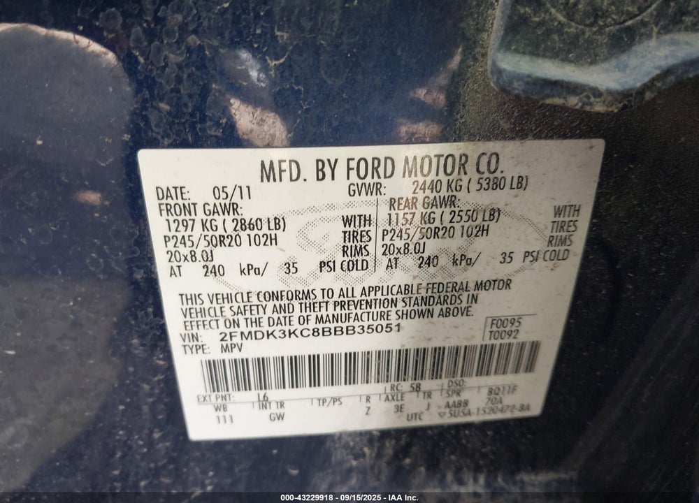 2011 FORD EDGE VIN: 2FMDK3KC8BBB35051