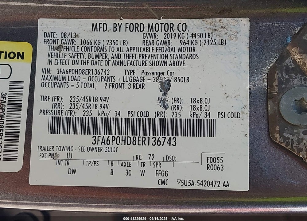 2014 FORD FUSION VIN: 3FA6P0HD8ER136743