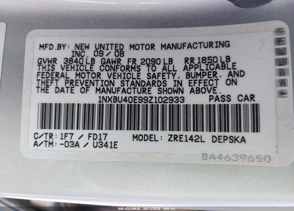 2009 TOYOTA COROLLA VIN: 1NXBU40E99Z102933