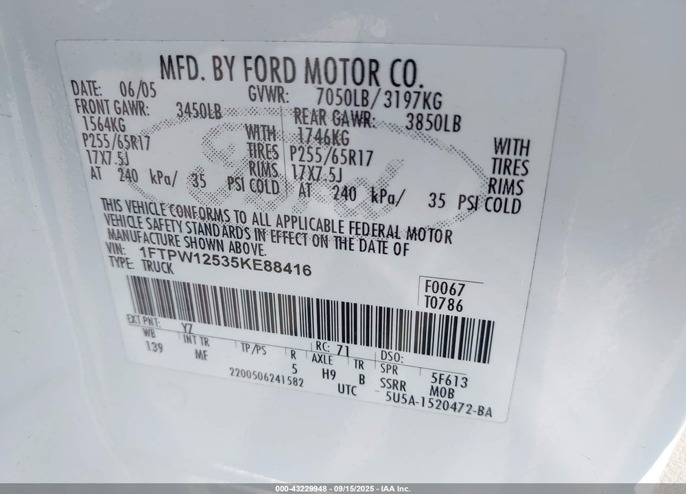 2005 FORD F-150 VIN: 1FTPW12535KE88416