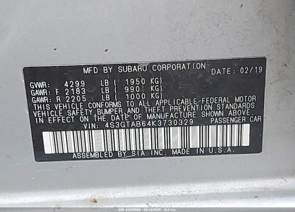 2019 SUBARU IMPREZA VIN: 4S3GTAB64K3730329