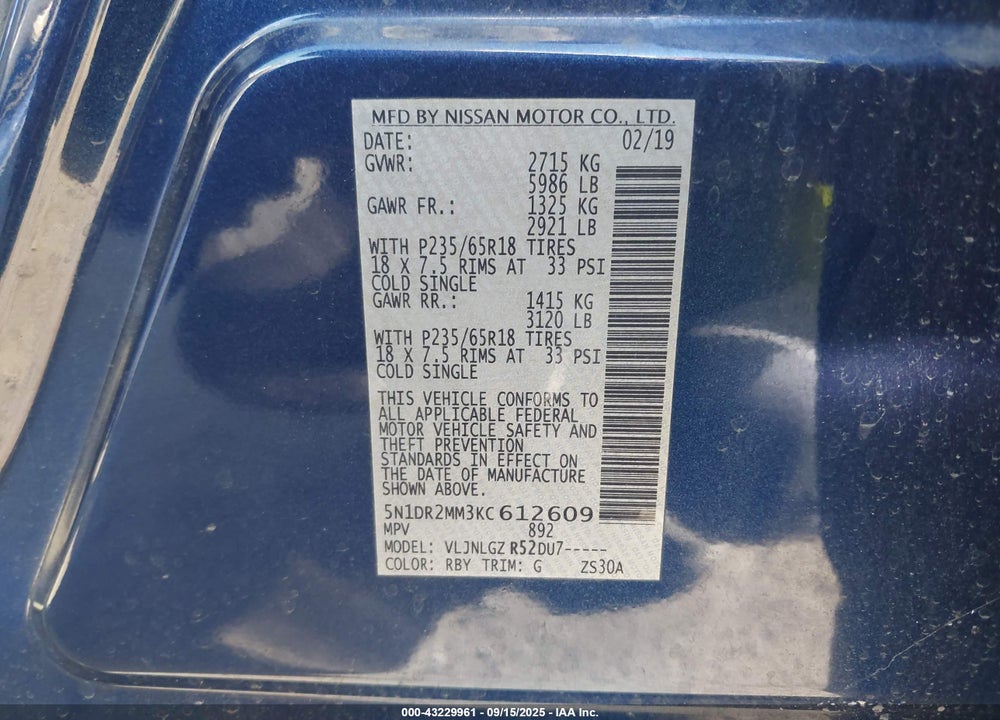 2019 NISSAN PATHFINDER SL VIN: 5N1DR2MM3KC612609