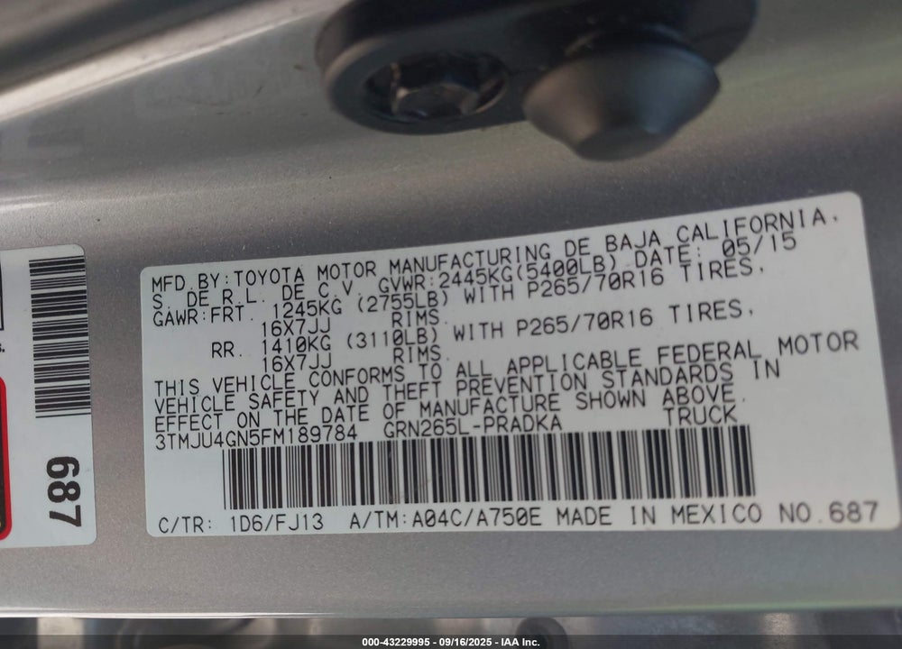2015 TOYOTA TACOMA VIN: 3TMJU4GN5FM189784