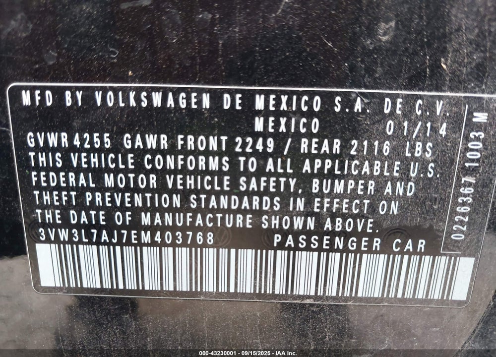 2014 VOLKSWAGEN JETTA 2.0L TDI VIN: 3VW3L7AJ7EM403768