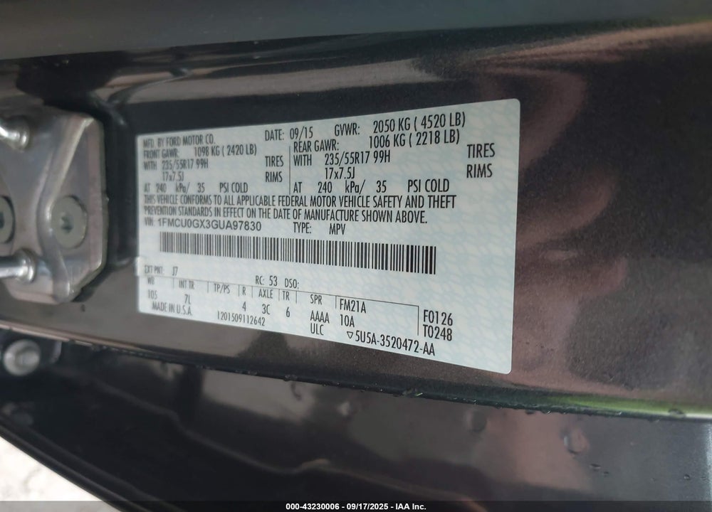 2016 FORD ESCAPE VIN: 1FMCU0GX3GUA97830